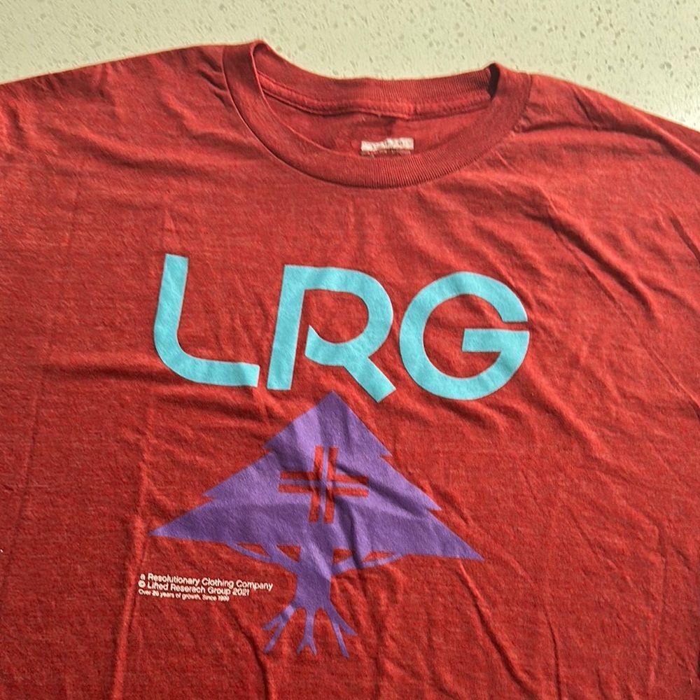 LRG Red Tee with Blue and Purple Graphics